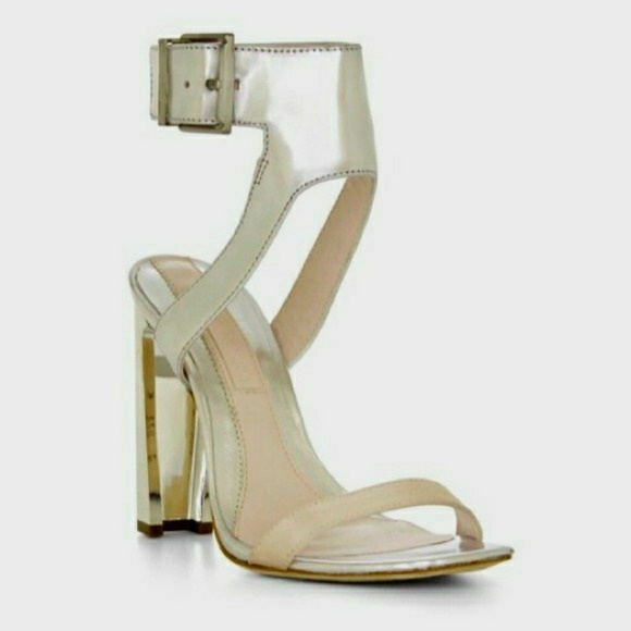BCBGMaxAzria Satin & Patent Metallic Ankle Strap  Chunky Heel Sandals NWOT - Picture 4 of 8